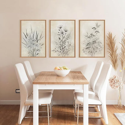 Large Neutral Flower Botanical Framed Canvas Wall Art,Boho Wildflowers Ink Wall Decor,Vintage Bouquet Wall Painting,Nature Artwork for Living Room,Bedroom,Dining Room,Office -16"x24"x3