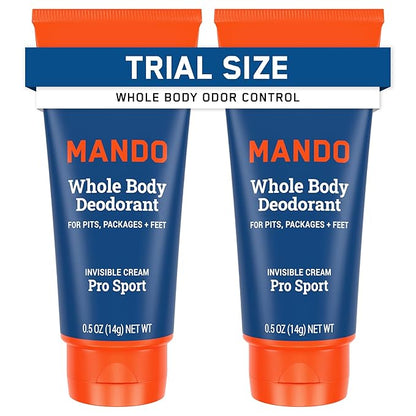 Mando Whole Body Deodorant - Mini Travel Size Invisible Cream Tube - 72 Hour Odor Control - Aluminum and Baking Soda Free, Skin Safe - .5 oz (Pack of 2) (Pro Sport)