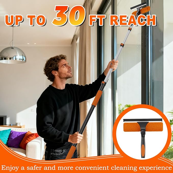 36FT Reach Window Squeegee with Extension Pole, 2-in-1 Professional Window Washing Kit for Home, Indoor Outdoor Squeegee with Rotatable Head for High Windows