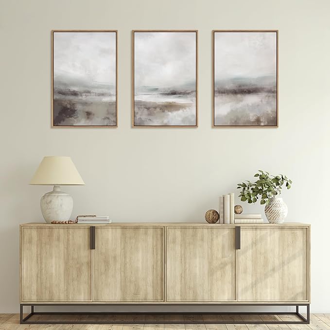 HLNIUC Large Abstract Neutral 3 Piece Wall Art Framed, Gray Lake Landscape Canvas Decor(16x24), Watercolor Smoky Mountain Wall Painting, Modern Minimalist Art Prints for Living Room, Bedroom, Office