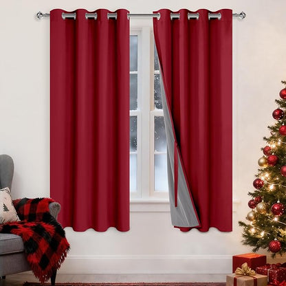 XWZO 100% Blackout Curtains 63 Inches Long with Tiebacks- Soundproof & Energy Efficiency Window Draperies Grommet Top with Black Liner for Bedroom/Living Room, Christmas Red, W52 x L63, Set of 2