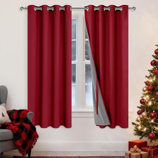 XWZO 100% Blackout Curtains 72 Inches Length - Heat and Light Blocking Ring Top Window Drapes with Black Liner Backing for Bedroom Sewn with Tiebacks, Christmas Red, W52 x L72, Set of 2
