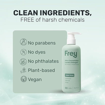 FREY Concentrated Liquid Laundry Detergent | Formulated for Sensitive Skin & HE Washers | Removes Stains Effectively | 50 Loads per Bottle (1-pack Cedar Grove)