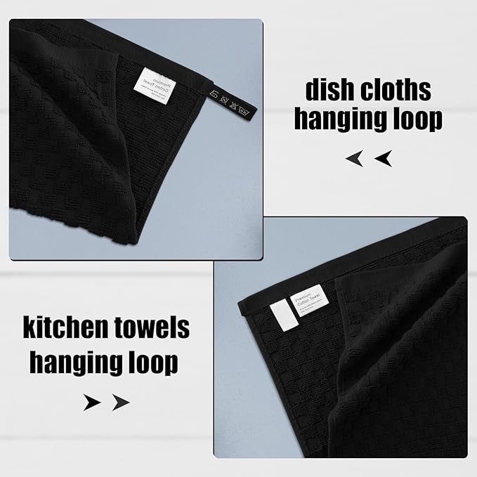 Fintale 100% Cotton Kitchen Towels and Dishcloths Set, 12 x 12 & 15 x 25 Inches, Set of 10 Bulk Super Soft and Absorbent Terry Cloth Dish Towels, Quick Drying Hand Towels with Hanging Loop, Black