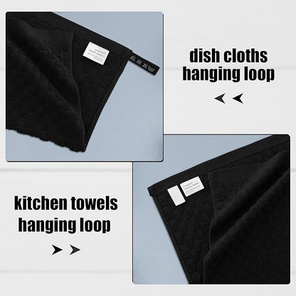 Fintale 100% Cotton Kitchen Towels and Dishcloths Set, 12 x 12 & 15 x 25 Inches, Set of 10 Bulk Super Soft and Absorbent Terry Cloth Dish Towels, Quick Drying Hand Towels with Hanging Loop, Black