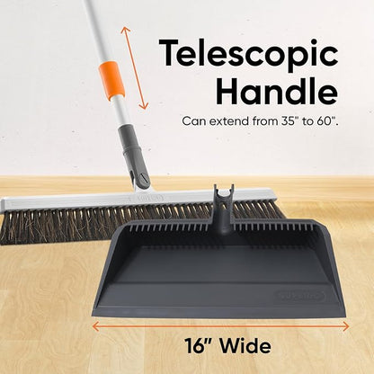Superio 18" Horse Hair Upright Broom with Telescopic Handle & 16" Gray Dustpan with Comb, Rubber Lip & Clip – Narrow Thin Dust Broom for Dog Hair – Hardwood & Tile Floor Cleaning Set – Gray