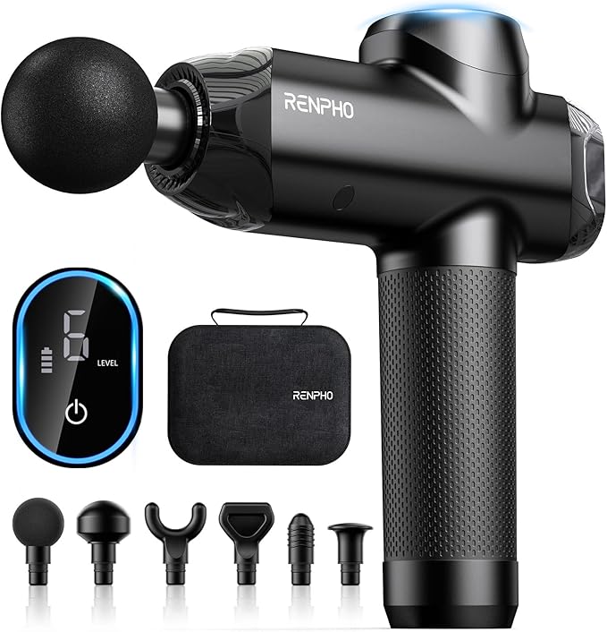 RENPHO Massage Gun Deep Tissue with 12mm Amplitude, Percussion Muscle Massage Gun, Portable Electric Handheld Massager Gun, LED Touch Display Carry Case Power