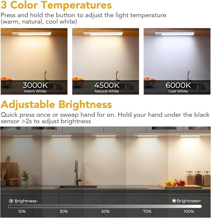 Under Cabinet Lighting, Motion Sensor Light with 3 Color Temps, Rechargeable Closet Lights with Hand Wave, 9 Inch Dimmable Under Counter Lights for Kitchen, Wardrobe, Stairs, 2 Pack
