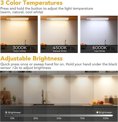 Under Cabinet Lighting, Motion Sensor Light with 3 Color Temps, Rechargeable Closet Lights with Hand Wave, 9 Inch Dimmable Under Counter Lights for Kitchen, Wardrobe, Stairs, 2 Pack