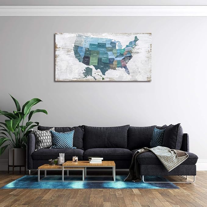Map of The United States Wall Decor Map Canvas Wall Art for Wall Decoration Wood Background USA Canvas Prints for Bedroom Office Kitchen Home Wall Decor Framed Artwork Ready to Hang30"x60"