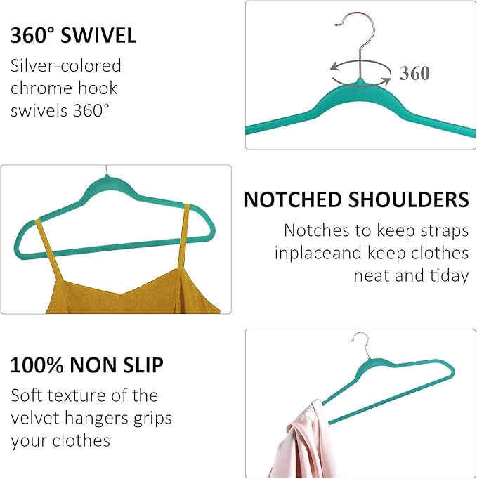 VECELO Premium Velvet Clothes Hangers Suit Heavy Duty (50 Pack)-Non Slip & Space-Saving with 6 Finger Clips & 2Tie Rack Excellent for Men and Women,Light Teal