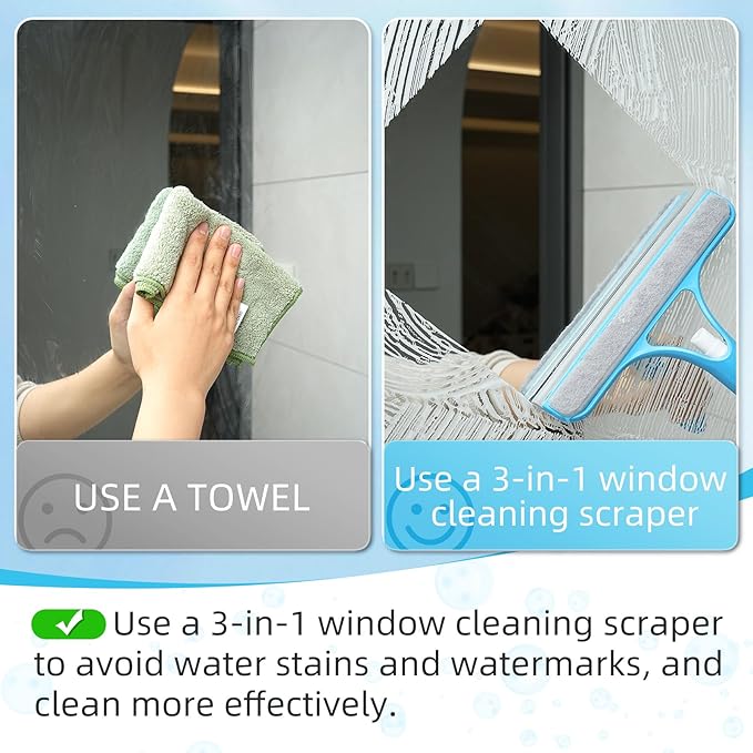 3 in 1 Window Cleaning Scraper with 2 Replaceable Cleaning Cotton Strips,Suitable for Cleaning Bathroom Glass, Window Squeegee, Mirrors, Car Windows