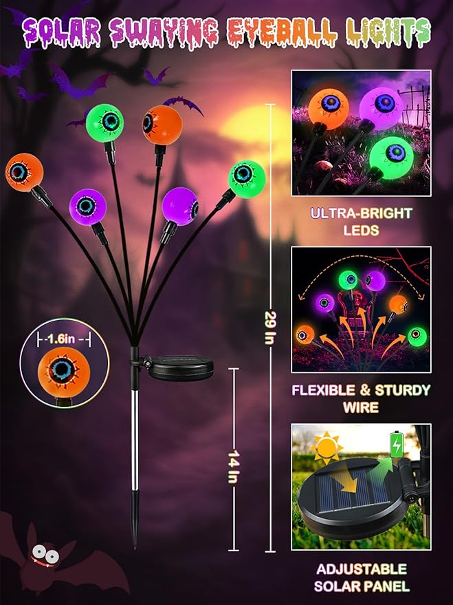 6 Pack Halloween Decorations Outdoor Solar Eyeball Lights, Purple Orange and Green Scary Eyeball Swaying Firefly Lights with 2 Modes, Waterproof Halloween Pathway Lights for Yard Garden Party Decor