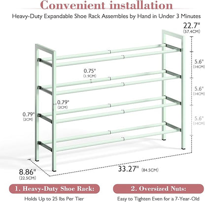 Bumusty 4-Tier Expandable Shoe Rack for Closet, 18“-33” Adjustable Shoe Rack for Small Space, Small Shoe Organizer for Front Door, Sturdy Metal, Green