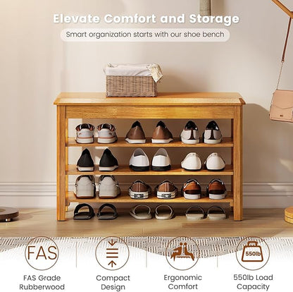 Shoe Rack Bench Seat Rubberwood 3-Tier Wooden Storage Bench 550lbs Compact Mid-Century Modern Design for Entryway, Hallway, Closet, Front Door Entrance, Foyer