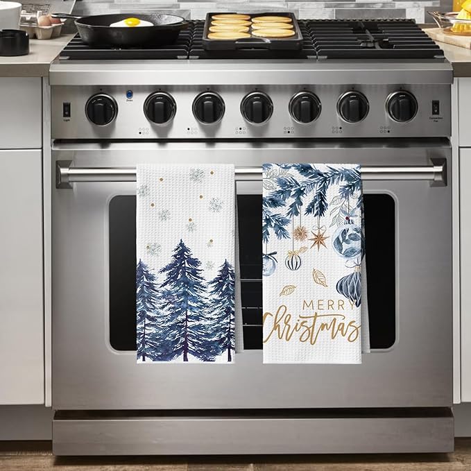 Artoid Mode Blue Xmas Tree Leaves Pinecone Christmas Kitchen Towels, 18x26 Inch Quick Dry Microfiber Cloth Dish Towels for Kitchen Drying Set of 4