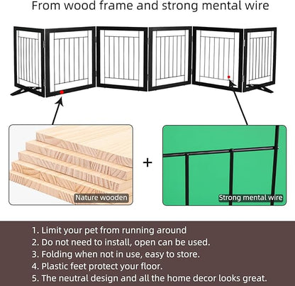 ZJSF Freestanding Dog Gate Indoor, Foldable Dog Fence for Doorways,Hallways or Stairs, Sturdy Wood Extra Wide Pet Gate with Support Feet,Black,32 "Height-6 Panels