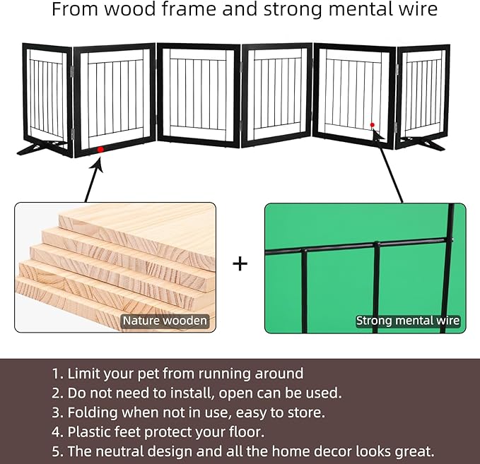 ZJSF Freestanding Dog Gate Indoor, Foldable Dog Fence for Doorways,Hallways or Stairs, Sturdy Wood Extra Wide Pet Gate with Support Feet,Black,24 "Height-6 Panels