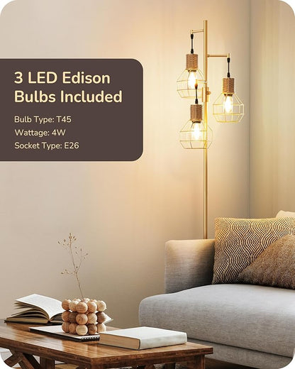 EDISHINE Dimmable Farmhouse Floor Lamp for Living Room, Industrial Standing Lamp with 3 LED Edison Bulbs, Corner Rustic Rattan Tall Tree Reading Lamps Home Decor for Bedroom, Office, Gold