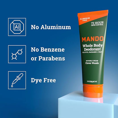 Mando Whole Body Deodorant For Men - Invisible Cream - 72 Hour Odor Control - Aluminum Free, Baking Soda Free, Skin Safe - 3 Ounce Tube (Pack of 2) - Clover Woods