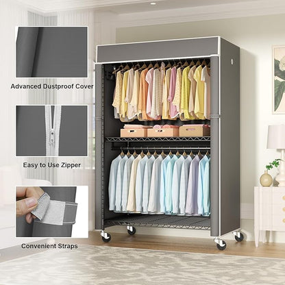 Black Clothing Rack with Dark Gray Cover, P1C Plus Rolling Closet with Wheels, Metal Garment Rack for Hanging Clothes, Clothing Storage Wardrobe, 46" W x 18.5" D x 80.7" H, Load 524 Pounds