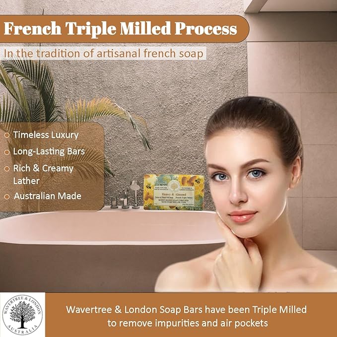 Wavertree & London Honey Almond Scented Natural Soap (2 Bars), 7oz Moisturizing French Triple Milled Soap Bars enriched with shea butter - Pure Plant Based Bath & Body Bars for All Skin Types