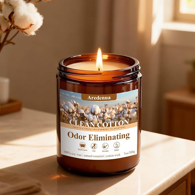 Clean & Pure Cotton Odor Eliminating Candles | Eliminates 95% of Pet, Smoke & Bathroom Odors – 7 oz Hand Poured Non-Toxic Soy Candle - Fresh Air Scented Candle Gentle for Pet - Gifts for Families