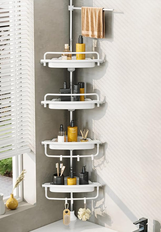 Upgrade Sturdy Shower Caddy Tension Pole Corner Shower Caddy Bathroom Organizer 18/8 Stainless Steel Rustproof 4 Tier Adjustable Shelves for Bathtub Shampoo Accessories Storage Rack 32-122inch
