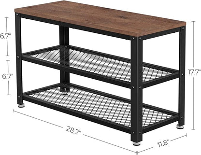 VASAGLE, 3-Tier Shoe Rack, Shelf Storage Bench with Metal Mesh Shelves and Seat, Free Standing Shoe Organizer for Entryway, 11.8 x 28.7 x 17.7 Inches, Hazelnut Brown and Black ULBS073B03