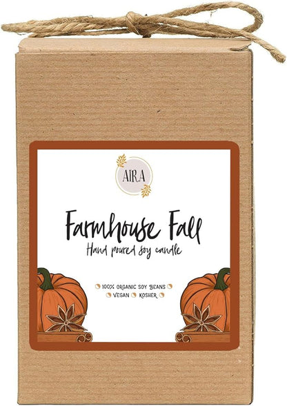 Aira Fall Soy Candles - Organic, Kosher, Vegan, Farmhouse Candle w/Aromatherapy Essential Oils - Hand-Poured 100% Soy Candle Wax - Paraffin Free, Burns 60+ Hours - Farmhouse Fall - 20 Ounces
