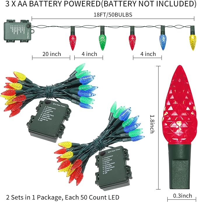 100LED C6 Lights,Green Wire,Waterproof Battery Case,Multi Functions,Timer,Multi（2 Sets - Each 50 Count LED）