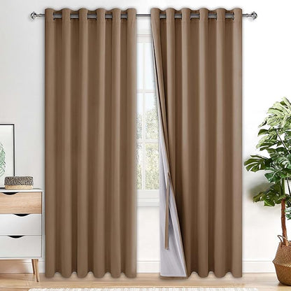 XWZO Complete Blackout Shades Window Curtain Panels with Tiebacks- Noise Reduction and Light Blocking Grommet Curtains with Black Liner for Studio/Living Room, Cappuccino, W70 x L84, Set of 2