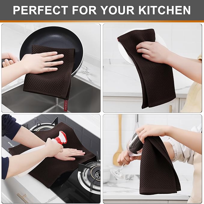 Kitinjoy 100% Cotton Waffle Weave Kitchen Towels, 6-Pack Super Soft and Absorbent Dish Towels for Drying Dishes, Kitchen Hand Towels, 13 in x 28 in, Dark Brown