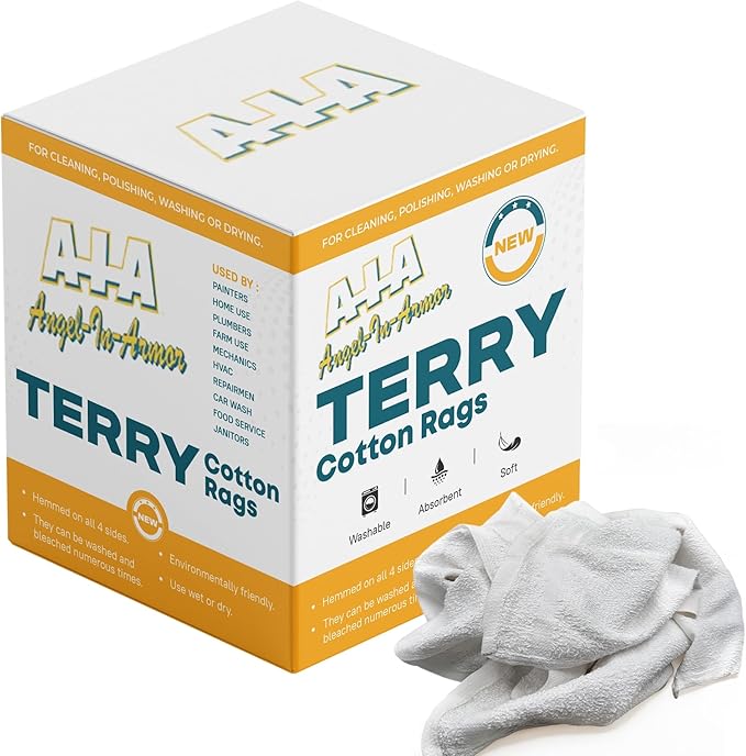 Angel-in-Armor White Terry Cloth Rags (12” x 12”) – 20Ib Bulk Box of 100% Cotton Cleaning Rags (240 Units) – Reclaimed Towels for Plumbers, Shop Use, Janitorial, and Commercial Cleaning