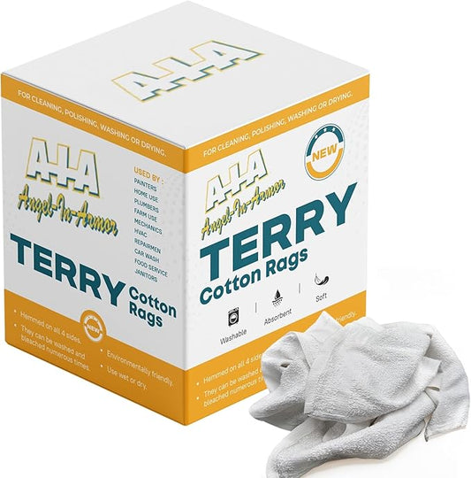 Angel-in-Armor White Terry Cloth Rags (12” x 12”) – 20Ib Bulk Box of 100% Cotton Cleaning Rags (240 Units) – Reclaimed Towels for Plumbers, Shop Use, Janitorial, and Commercial Cleaning