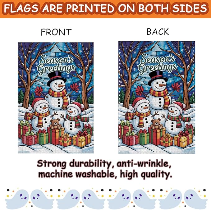 Fokongna Winter Hello Snowman Garden Flag, Season's Greetings Merry Christmas Garden Flag, 12x18 Inch Burlap Vertical Double Sided Flags, for Home Yard Outside Decorations