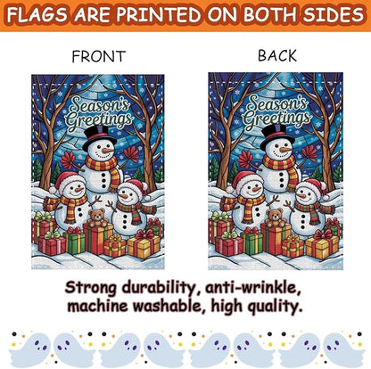 Fokongna Winter Hello Snowman Garden Flag, Season's Greetings Merry Christmas Garden Flag, 12x18 Inch Burlap Vertical Double Sided Flags, for Home Yard Outside Decorations