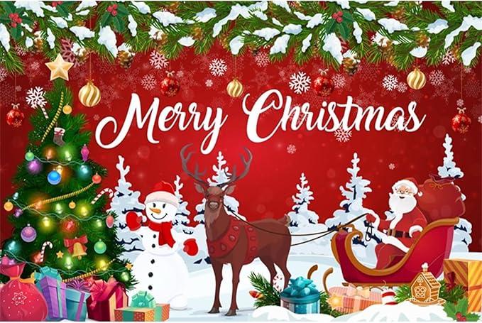 YongFoto Merry Christmas Backdrop 8x6.5ft Snowman Christmas Tree Santa Clause Elk Photography Background Happy New Year Xmas Eve Family Party Banner Room Decorations Photoshoot Wallpaper Photo Booth