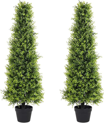 4ft Artificial Boxwood Topiary Trees, Set of 2 – UV Resistant Faux Evergreen Shrubs and Bushes for Outdoor Planters, Realistic Fake Plants for Front Porch Outside Patio Yard, 4 Foot Tall