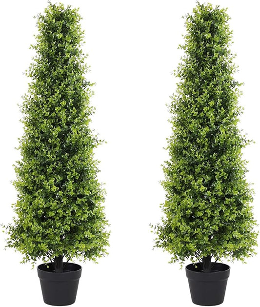 4ft Artificial Boxwood Topiary Trees, Set of 2 – UV Resistant Faux Evergreen Shrubs and Bushes for Outdoor Planters, Realistic Fake Plants for Front Porch Outside Patio Yard, 4 Foot Tall