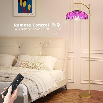 Floor Lamp for Living Room,Bedroom,Gold Dimmable Standing Lamp with Remote,Mid Century Modern Brass Tall Lamp Retro Vintage Purple Glass Lamp Floor Light Boho Bohemian