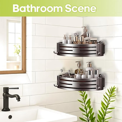 Corner Shower Caddy Suction Cup,Shower Shelves with Hooks,No Drilling Powerful Suction Bathroom Organizers and Storage,Removable Waterproof Rustproof Shower Bathroom Accessories Decor(Grey 2Pack)