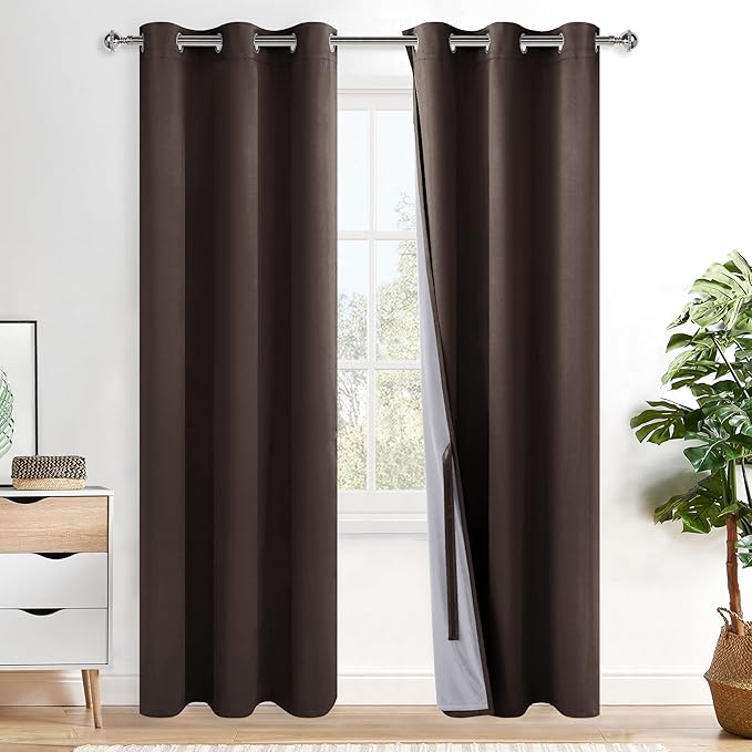 XWZO 100% Blackout Curtains with Tiebacks- Heat and Full Light Blocking Window Panels with Grommets for Bedroom/Nursery, 84 Inches Long Thermal Insulated Draperies, Brown, W38 x L84, Set of 2