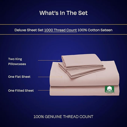 California Design Den King Sheets Deep Pocket Set - Luxury 1000 Thread Count Sateen, Thick and Natural 100% Cotton King Sheet Set, Soft, Breathable and Durable Bedding - Sepia Rose