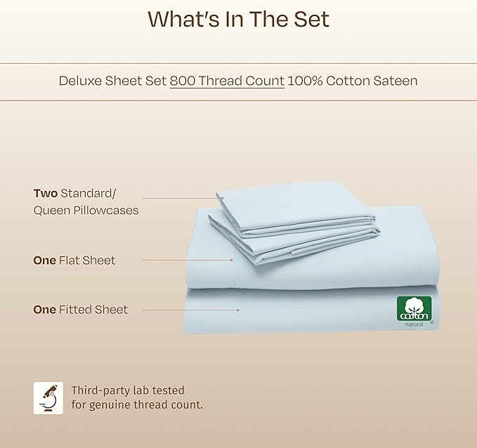 California Design Den Cotton Bed Sheets Queen Size Set - Luxury Hotel 800 Thread Count Sateen, Natural 100% Cotton Sheets Queen Size Set, Durable Deep Pockets with Anti-Skid Elastic - Light Blue