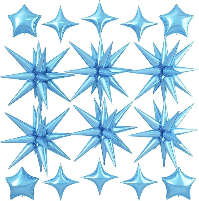 Blue Star Balloon,16Pcs Light Blue Star Foil Balloons Set with 22Inch Explosion Spike Cone Balloons and 10Inch Quadrangle Helium Balloon for Birthday Wedding Baby Shower Party Decorations