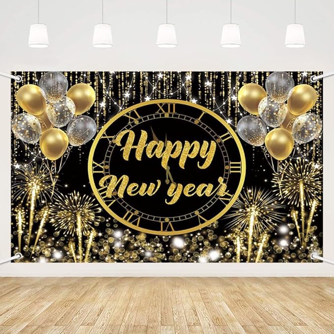 MEHOFOND Happy New Year Backdrop Hello 2026 NYE Cheers Party Decorations Gold Black Photography Background Kiss Me at Midnight New Year's Eve Festival Party Supplies Photobooth Banner 7x5ft