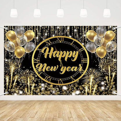 MEHOFOND Happy New Year Backdrop Hello 2026 NYE Cheers Party Decorations Gold Black Photography Background Kiss Me at Midnight New Year's Eve Festival Party Supplies Photobooth Banner 7x5ft