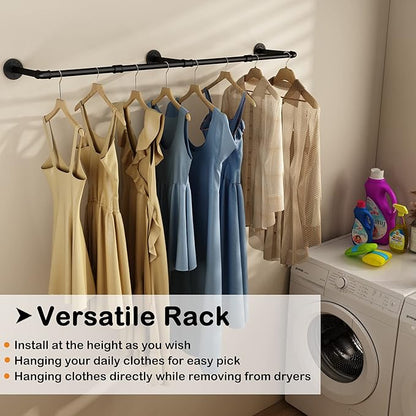 Wall Mounted Clothes Rack 52.6in, Industrial Pipe Clothing Racks Wall Mount, Heavy Duty Detachable Iron Garment Bar, Saving Space, Multi-Purpose Hanging Rod for Bedroom, Laundry Room, 2 Packs