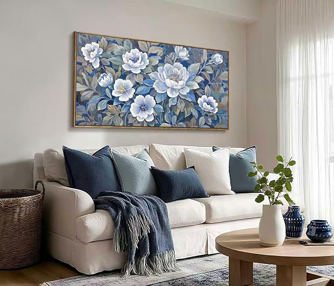 ARTZON Framed Large Wall Art for Living Room- Modern Blue and White Canvas Art Prints Peony Picture Blossom Flower Botanical Elegant Horizontal Artwork Relaxing Women Bedroom Office 48x24 Inch